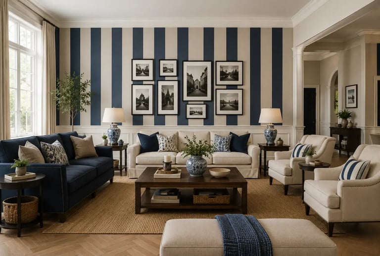 Elegant coastal living room featuring blue striped wallpaper, a gallery wall, and navy sofas with white accents.