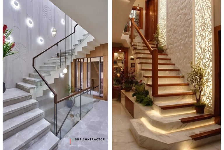 Modern luxury staircase designs featuring marble steps, glass railings, and elegant interior lighting.