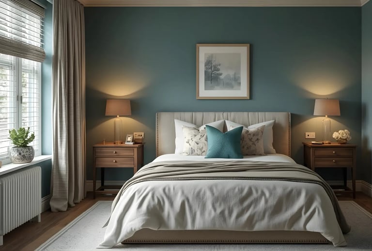 Relaxing bedroom wall colours featuring soothing teal blue shades and warm lighting