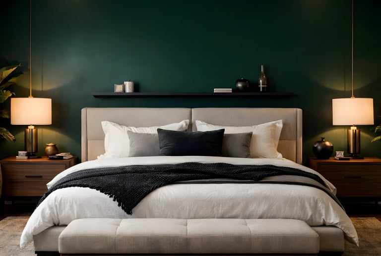 Modern bedroom with emerald green walls, a beige upholstered bed, and warm bedside lamp lighting.