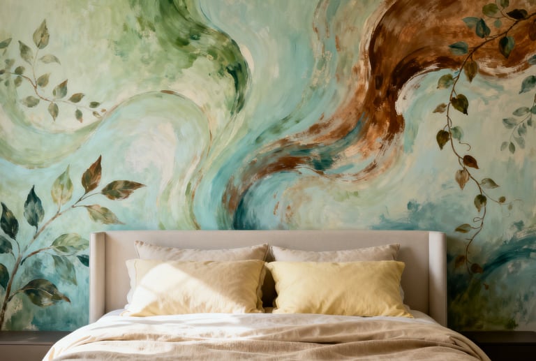 Modern bedroom featuring a large abstract wall mural with green, blue, and brown swirls and painted leaves.