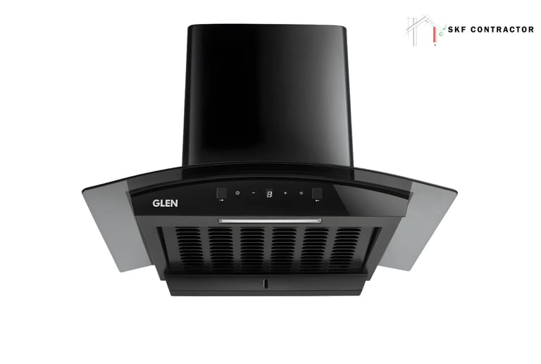 Glen black curved glass wall-mounted kitchen chimney with touch control panel and baffle filter.