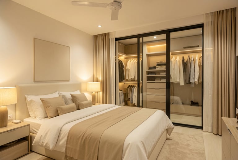 Modern master bedroom with a king size bed and glass sliding door walk-in closet.