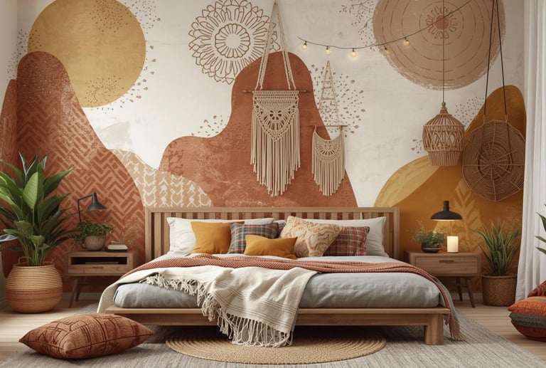 Boho chic bedroom featuring a terracotta desert mural, macrame wall hangings, and earthy textiles.
