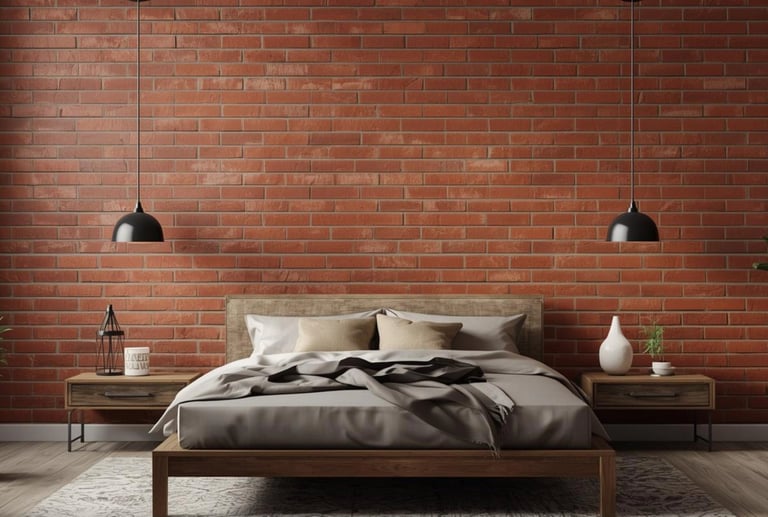 Modern industrial bedroom with a red brick accent wall, pendant lights, and a wooden bed frame.