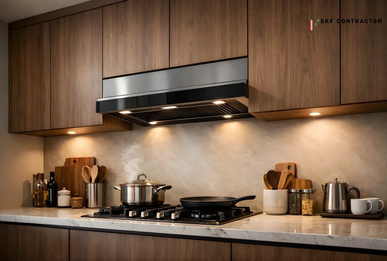 Modern kitchen with stainless steel range hood, marble countertops, and walnut wood cabinets.