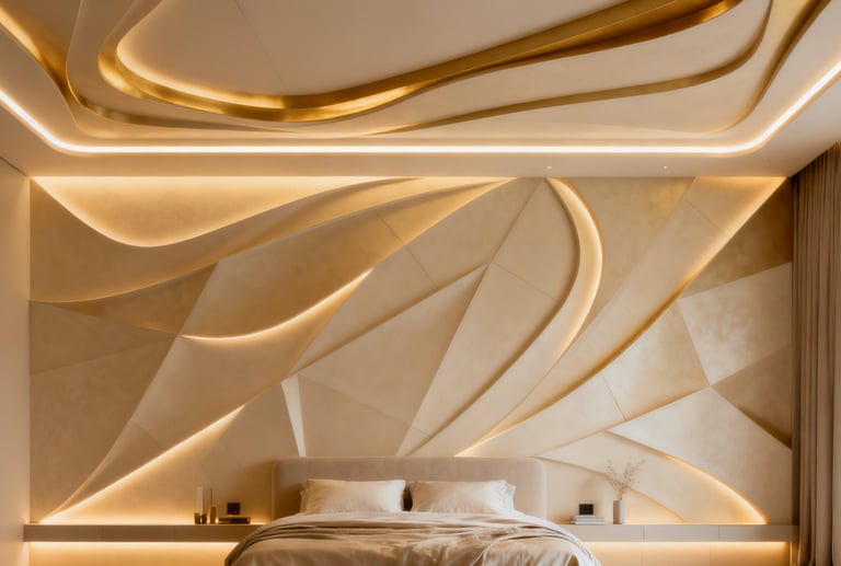 Luxury bedroom with a modern curved accent wall and warm integrated LED cove lighting.