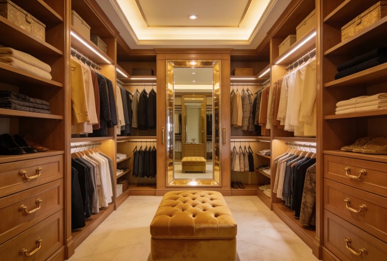 Luxury walk-in closet with custom wood cabinetry, integrated LED lighting, and a tufted velvet ottoman.