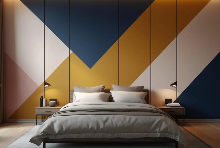 Modern bedroom with a geometric mountain wall mural in blue, yellow, and white colors.