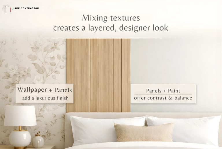 A modern bedroom featuring mixed textures with floral wallpaper, wood wall panels, and white paint for a designer look.