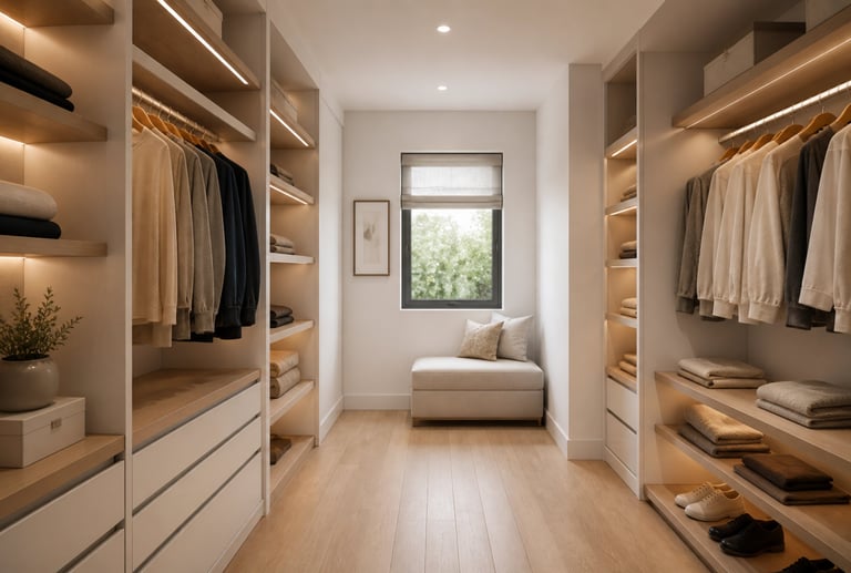Modern luxury walk-in closet with custom wood shelving, built-in LED lighting, and a cozy window seating bench.