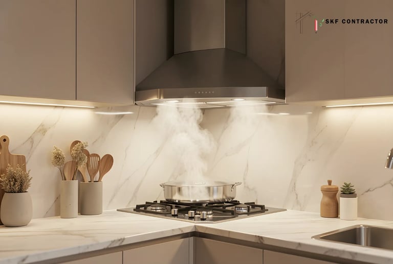 Modern kitchen with a stainless steel range hood over a gas stove and marble backsplash.