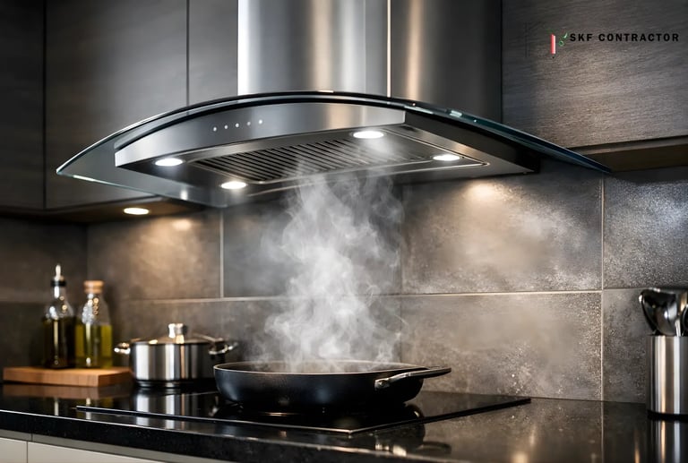 Modern stainless steel kitchen range hood venting steam from a black frying pan on a glass cooktop.