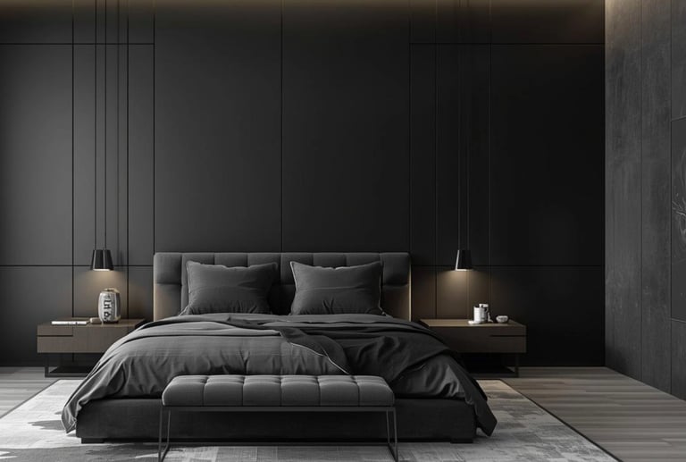 Modern minimalist black master bedroom with luxury charcoal bedding, sleek wall panels, and pendant lights.