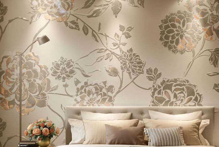 Elegant bedroom featuring a metallic floral textured wallpaper accent wall behind a modern upholstered headboard.