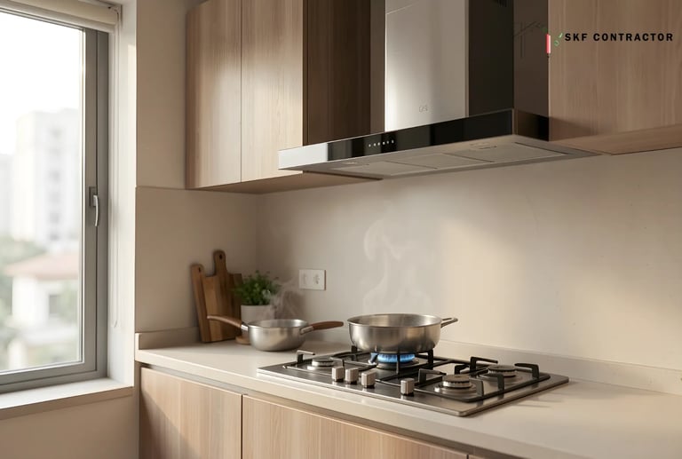 Modern kitchen with steaming pots on a gas stove under a stainless steel range hood.