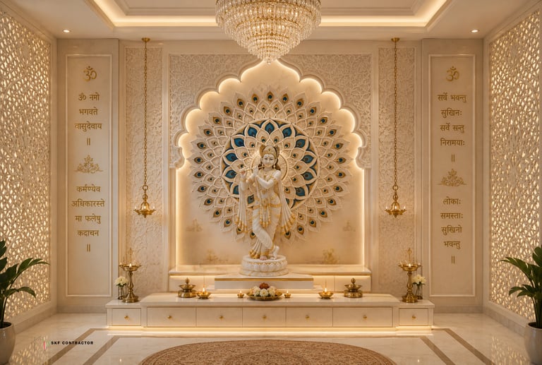 Elegant marble Krishna statue in a modern home mandir with peacock feather backdrop and warm lighting.