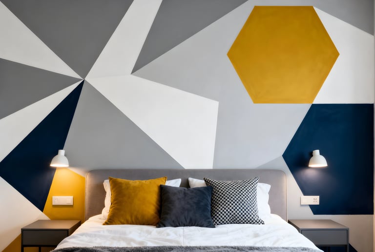 Modern bedroom featuring a geometric accent wall with grey, navy, and yellow triangular patterns.