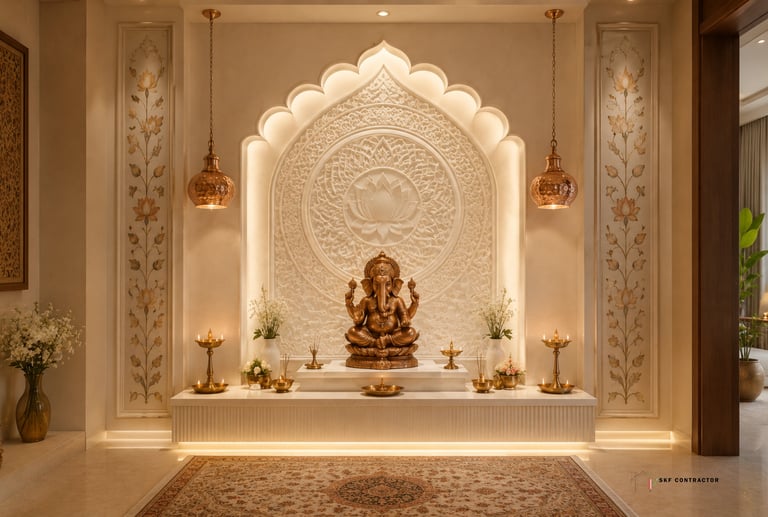 Elegant modern puja room with a golden Lord Ganesha idol, intricate wall carvings, and hanging lamps.