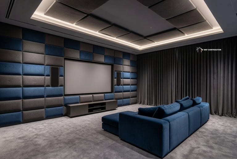 Modern home theater room featuring a blue velvet sofa, acoustic wall panels, and a large projection screen.