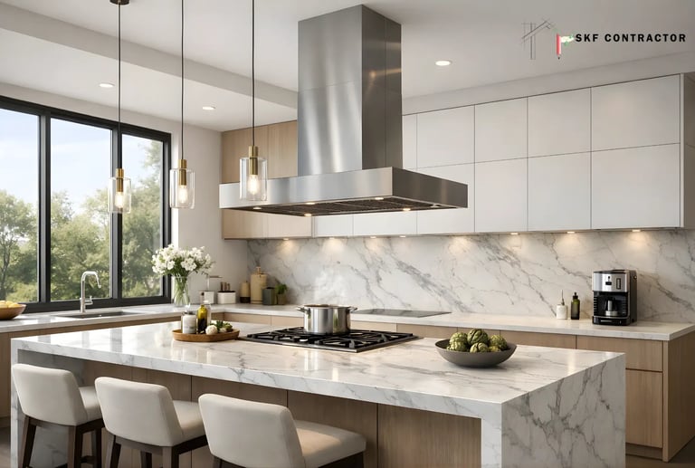 Modern luxury kitchen featuring a marble island with gas cooktop, stainless steel range hood, and white cabinetry.