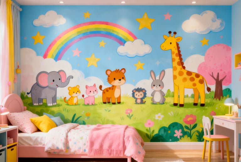 Colorful children's bedroom featuring a cartoon animal wall mural with a giraffe, elephant, and rainbow.