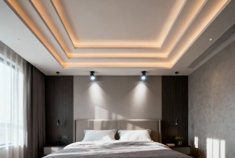 layered false ceiling with dual lighting