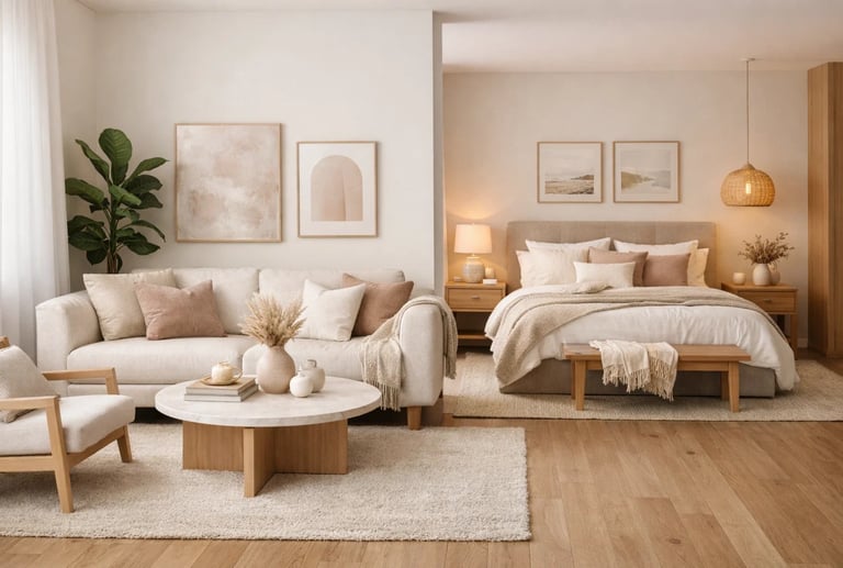 Modern studio apartment featuring a beige fabric sofa, marble coffee table, and a cozy bedroom area with neutral decor.