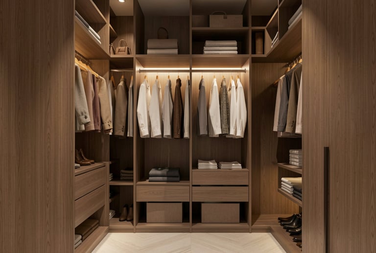 Luxury custom walk-in closet with organized wood shelving, hanging clothes, and warm integrated LED lighting.