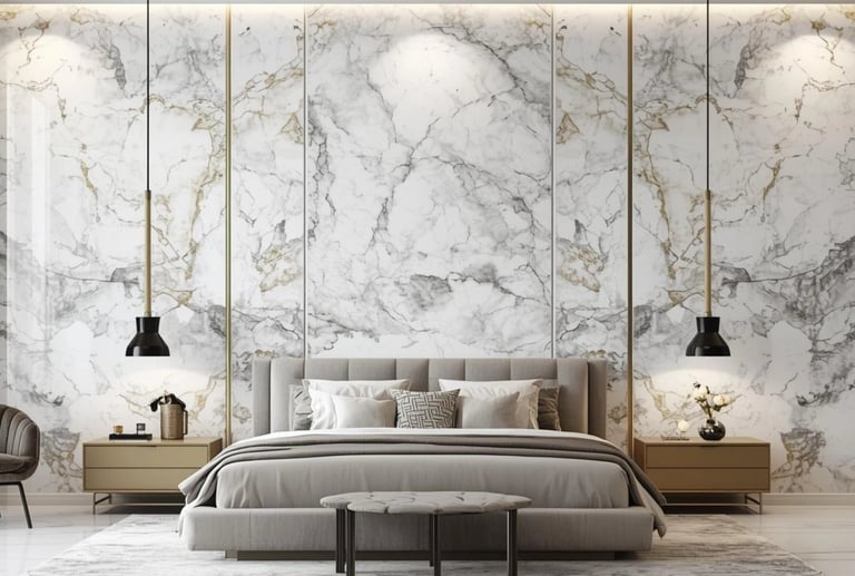 Luxury modern bedroom featuring a large white marble wall panel with gold accents and pendant lights.