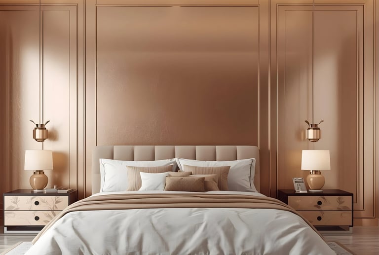 Luxury modern bedroom with rose gold paneled walls, beige upholstered headboard, and elegant bedside lamps.