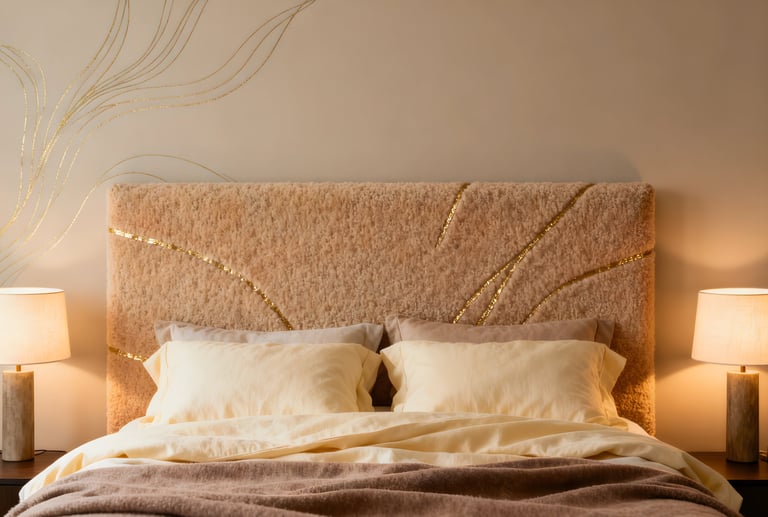 Modern bedroom with a luxury faux fur headboard featuring gold accents and warm bedside lamps.