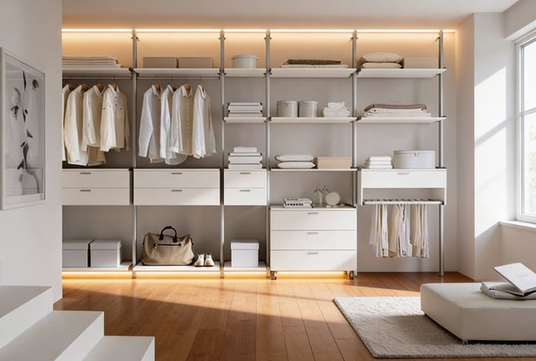 Modern walk-in closet with organized shelving, white cabinets, and warm integrated LED lighting.