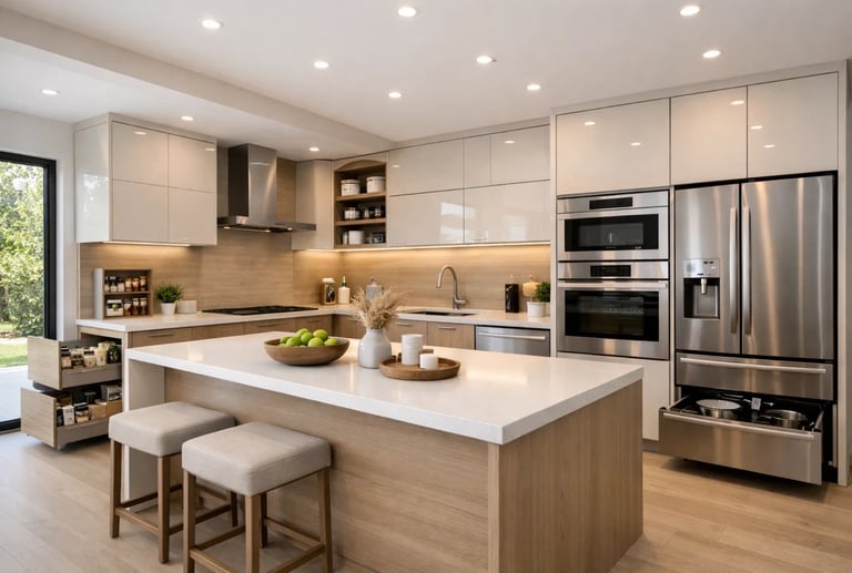 Modern luxury kitchen with white quartz island, stainless steel appliances, and sleek minimalist cabinetry.