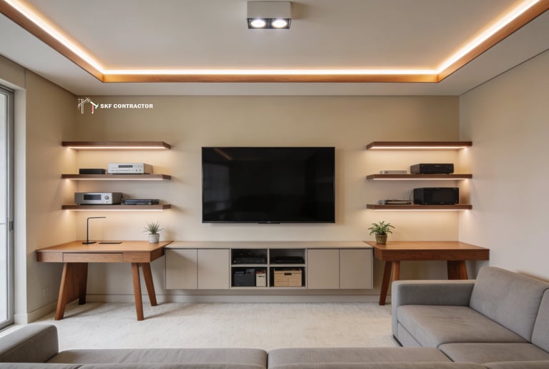 Modern living room entertainment center with wall-mounted TV, wooden floating shelves, and warm LED cove lighting.