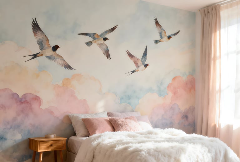 Nursery bedroom featuring watercolor swallow bird wall mural with pink and blue clouds.