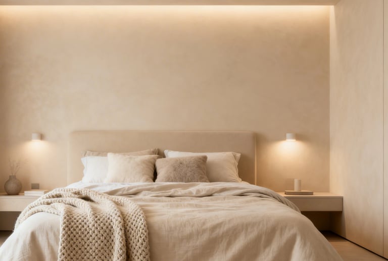 Minimalist modern bedroom interior with neutral beige linen bedding and warm ambient cove lighting.
