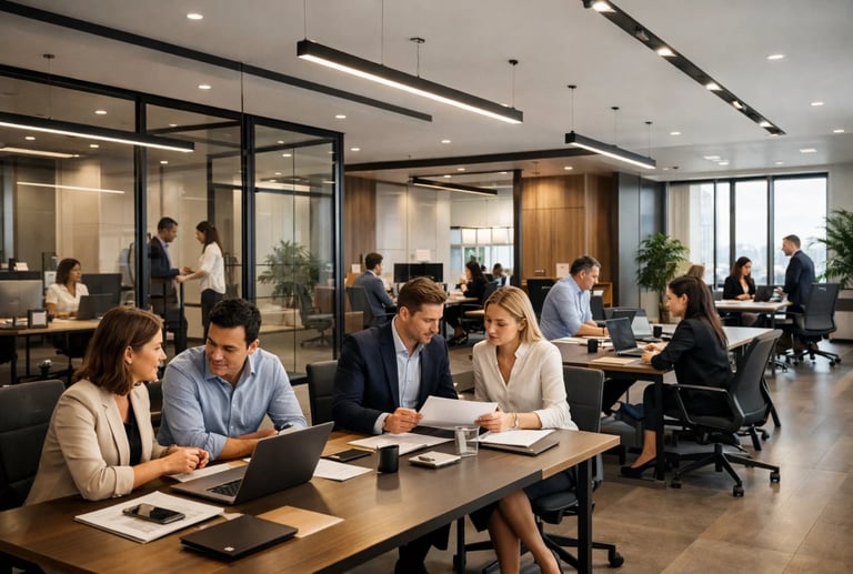 Professional business team collaborating in a modern open-plan office with laptops and documents.