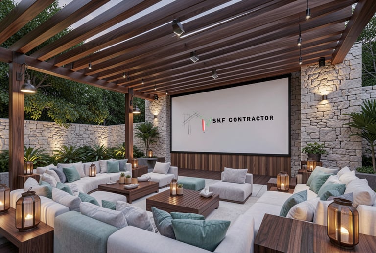 Luxury outdoor home theater with sectional seating, stone walls, and a wooden pergola for modern backyard living.