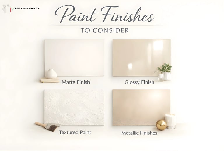 Comparison of matte, glossy, textured, and metallic interior wall paint finishes for home renovation.