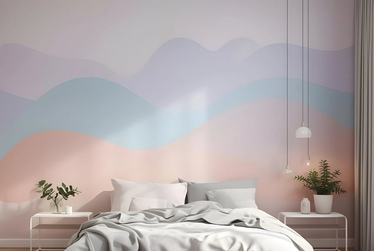 Modern bedroom featuring a pastel wavy accent wall, minimalist white bedding, and hanging pendant lights.
