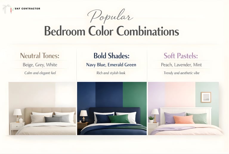 Guide to popular bedroom color combinations featuring neutral tones, bold shades, and soft pastels for interior design.