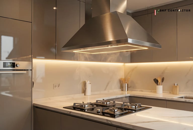 Modern luxury kitchen featuring a stainless steel range hood over a gas cooktop with marble countertops.