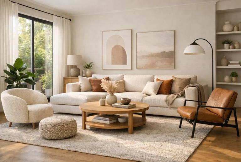 Modern bohemian living room with cream sectional sofa, round wooden coffee table, and earthy decor.