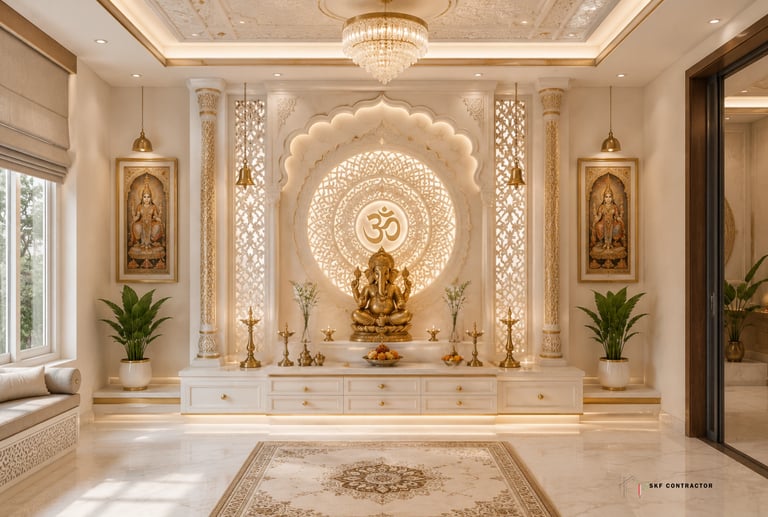 Elegant marble Hindu puja room featuring a golden Ganesha idol and backlit Om symbol wall panel.