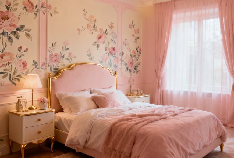 Elegant pink bedroom featuring a gold-frame bed and floral wallpaper with vintage nightstands.