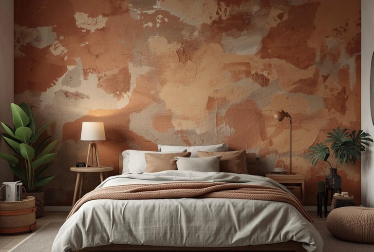 Modern bedroom with earthy terracotta textured wallpaper, minimalist bedding, and indoor plants.