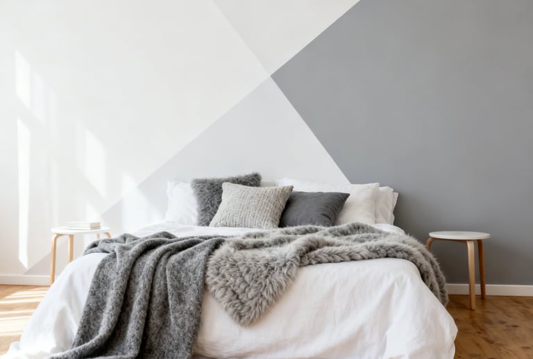 Modern minimalist bedroom with a grey geometric accent wall, cozy faux fur throw, and neutral bedding.