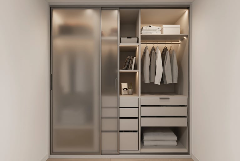 Modern custom wardrobe with frosted glass sliding doors, built-in LED lighting, and organized storage shelves.