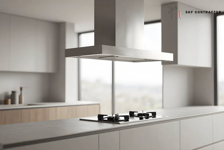 Modern minimalist kitchen featuring a stainless steel island range hood over a gas cooktop.